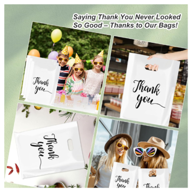 100Pk White Thank You Plastics with Handles for Business Packaging 15x20cm