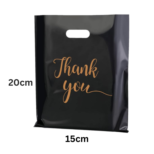 100Pk Black Thank You Plastics with Handles for Business Packaging 15x20cm