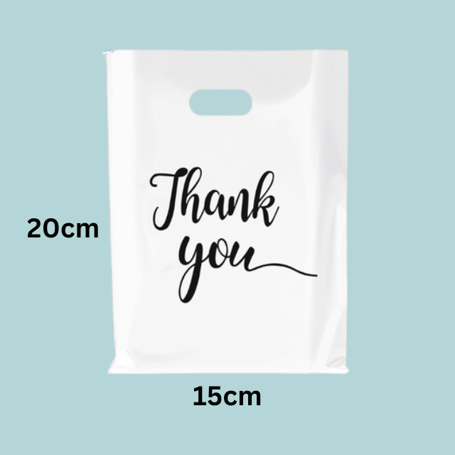 100Pk White Thank You Plastics with Handles for Business Packaging 15x20cm