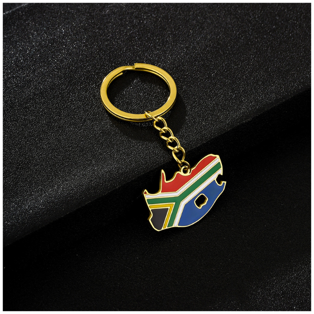 South African Flag Map Keychain Souvenir Keyring - Gold