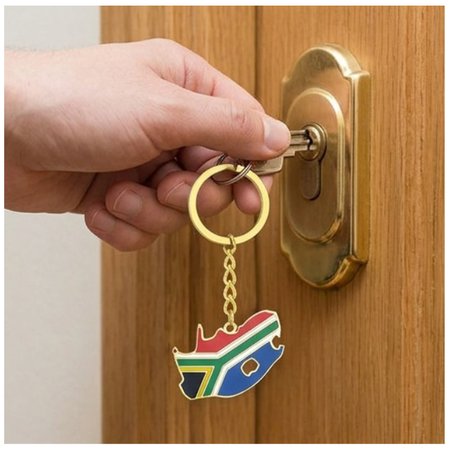 South African Flag Map Keychain Souvenir Keyring - Gold