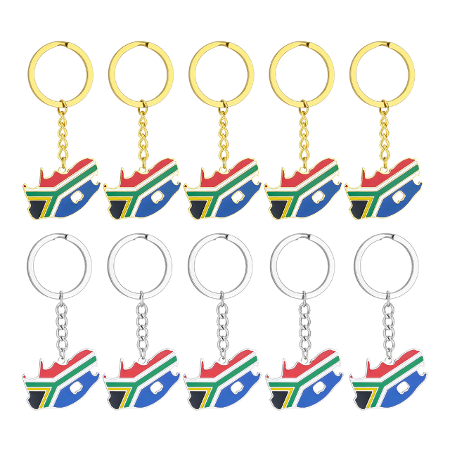 2PK Combo South African Flag Map Keychain Souvenir Keyring - Silver & Gold