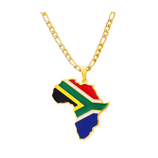 South African Flag Africa Map Pendant Necklace –Gold Stainless Steel Chain