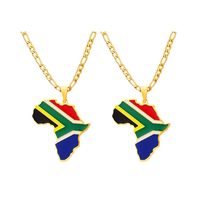 South African Flag Africa Map Pendant Necklace –Gold Stainless Steel Chain