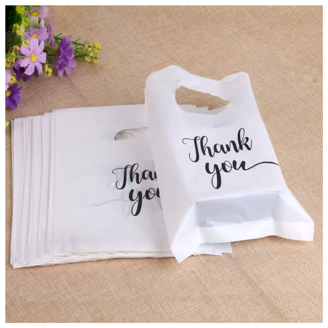 100 Pack White Thank You Plastics with Handles for Business Packaging 25x35