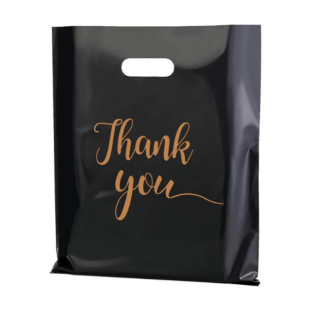100 Pack Black Thank You Plastic with Handles for Business Packaging 25x35cm