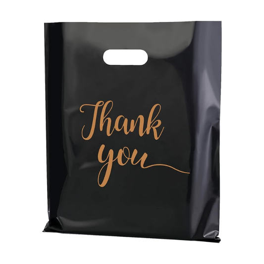 100 Pack Black Thank You Plastic with Handles for Business Packaging 25x35cm