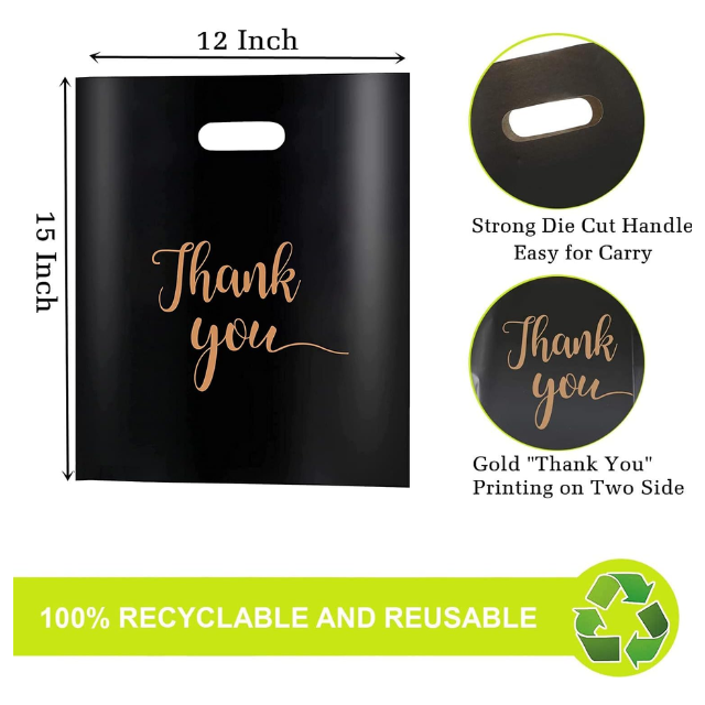 100 Pack Black Thank You Plastic with Handles for Business Packaging 25x35cm