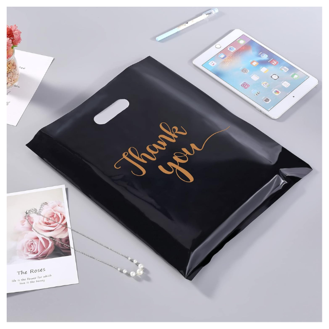 100 Pack Black Thank You Plastic with Handles for Business Packaging 25x35cm
