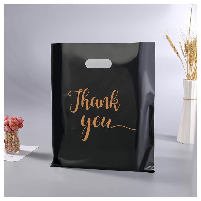 100 Pack Black Thank You Plastic with Handles for Business Packaging 25x35cm