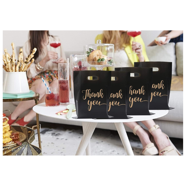 100 Pack Black Thank You Plastic with Handles for Business Packaging 25x35cm