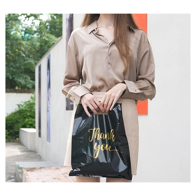 100 Pack Black Thank You Plastic with Handles for Business Packaging 25x35cm