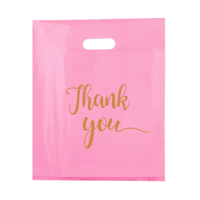 100 Pack Pink Thank You Plastics with Handles for Business Packaging 25x35