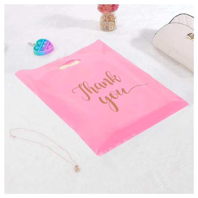 100 Pack Pink Thank You Plastics with Handles for Business Packaging 25x35