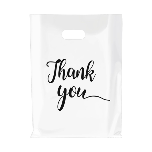 100 Pack White Thank You Plastics with Handles for Business Packaging 25x35