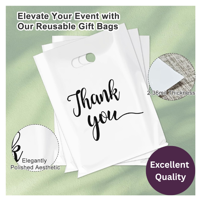 100 Pack White Thank You Plastics with Handles for Business Packaging 25x35