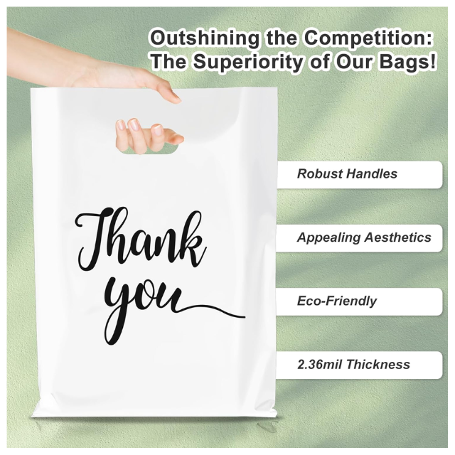 100 Pack White Thank You Plastics with Handles for Business Packaging 25x35