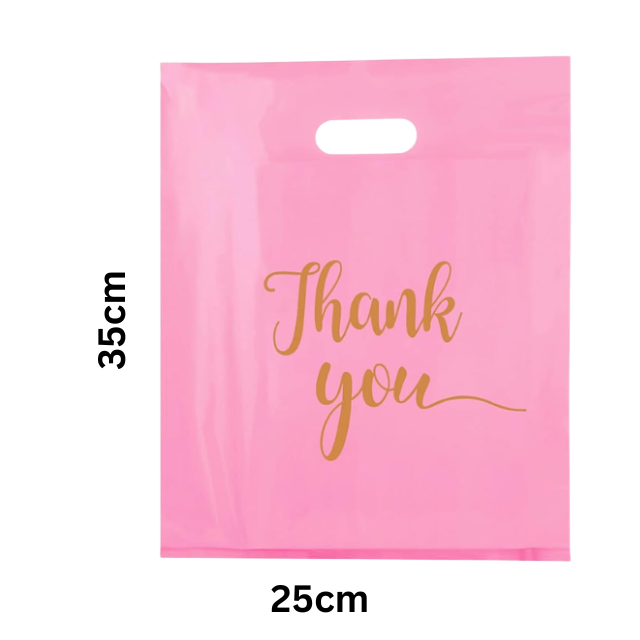 100 Pack Pink Thank You Plastics with Handles for Business Packaging 25x35