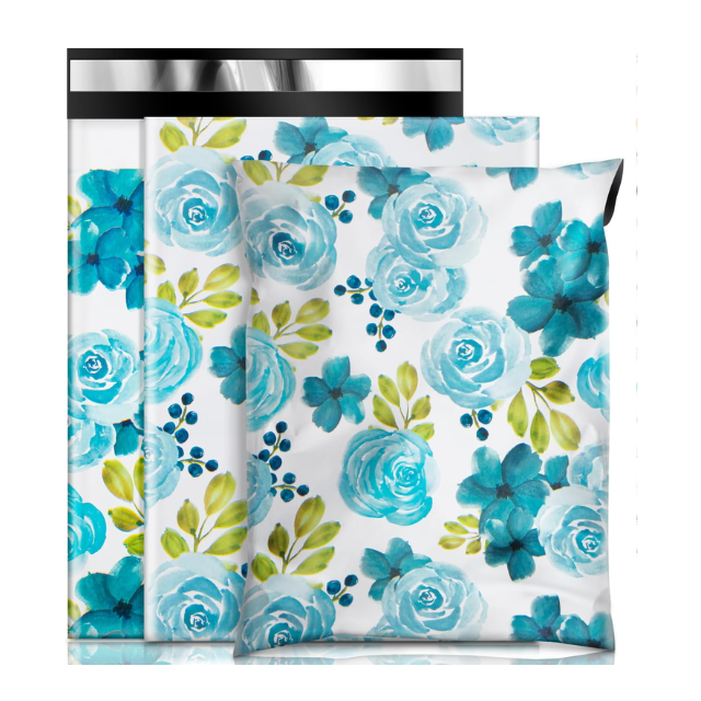 100 Polymailers Packaging 25x33cm Self-Adhesive Gift Bag Blue Floral Design