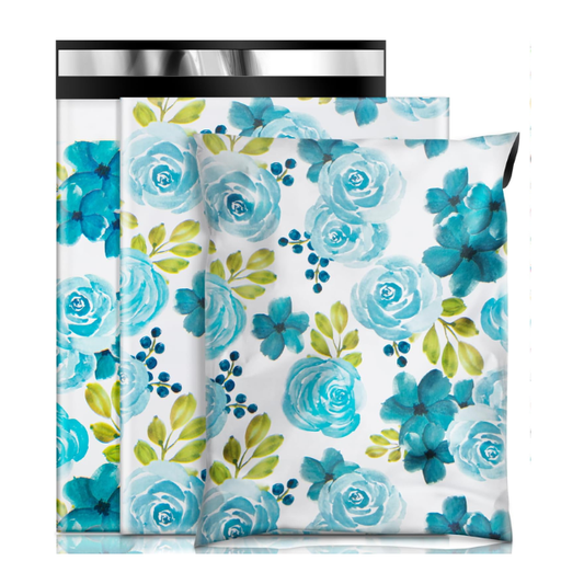 100 Polymailers Packaging 25x33cm Self-Adhesive Gift Bag Blue Floral Design