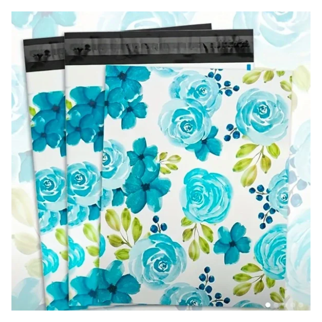 100 Polymailers Packaging 25x33cm Self-Adhesive Gift Bag Blue Floral Design