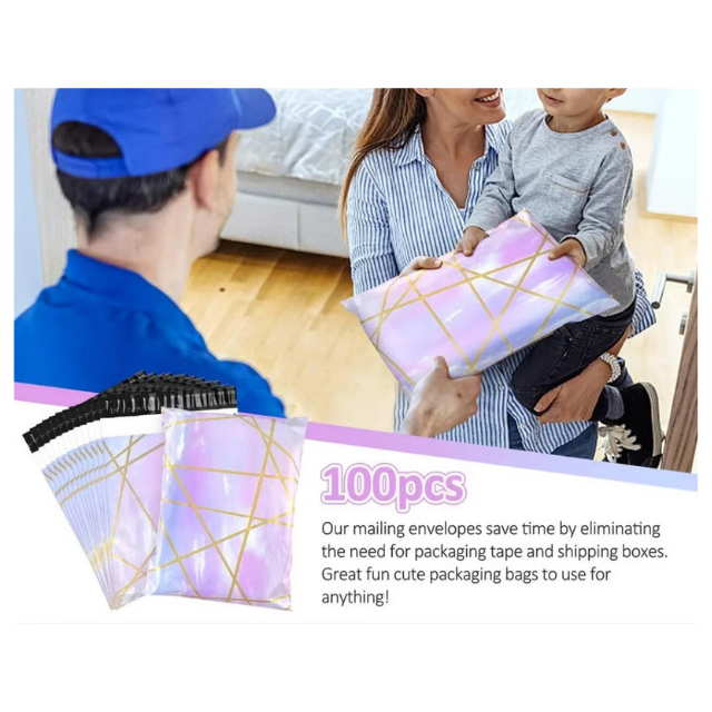100 Polymailers Packaging 25x33cm Self-Adhesive Gift Bag Holographic Marble