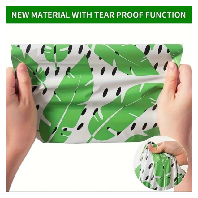100 Polymailers Packaging 25x33cm Self-Adhesive Gift Bag Green Leaf Design