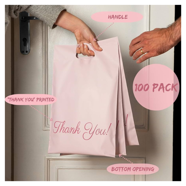 100 Pink Thank You Polymailers Packaging 25x33cm self-adhesive