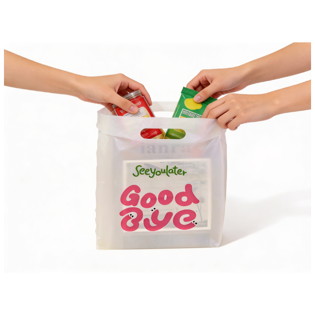 100 PK Four-Finger Flat Frosted Plastic Gift Bag with Handle 25x35cm