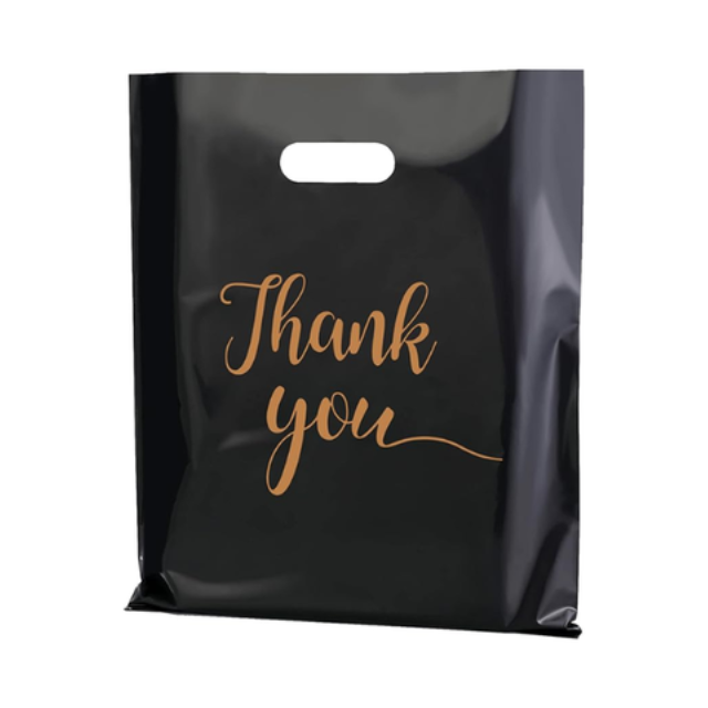 100Pk Black Thank You Plastics with Handles for Business Packaging 15x20cm