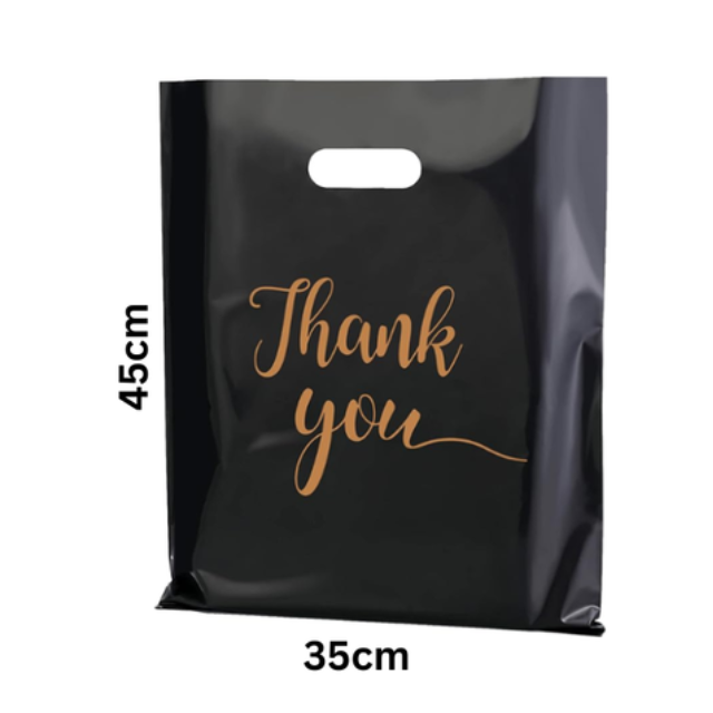 100Pk Black Thank You Plastics with Handles for Business Packaging 35x45cm