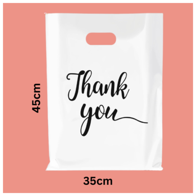 100Pk White Thank You Plastics with Handles for Business Packaging 35x45cm