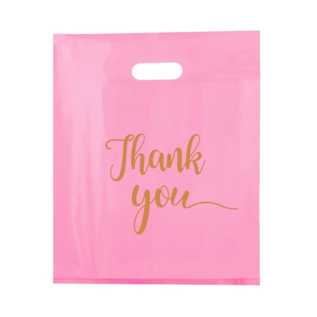 100Pk Pink Thank You Plastics with Handles for Business Packaging 35x45cm