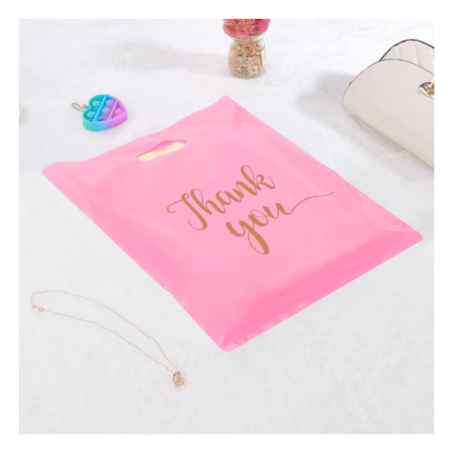 100Pk Pink Thank You Plastics with Handles for Business Packaging 15x20cm