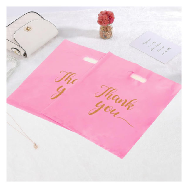 100Pk Pink Thank You Plastics with Handles for Business Packaging 15x20cm
