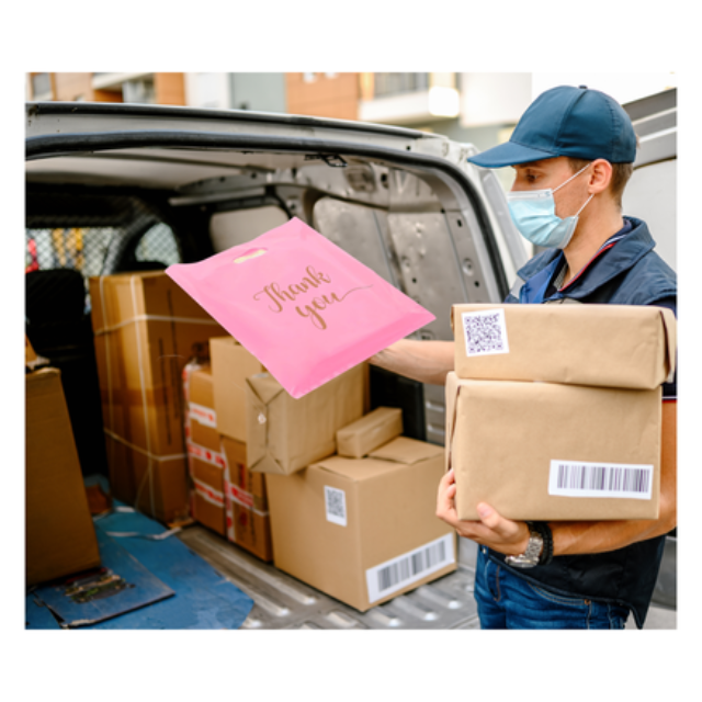 100Pk Pink Thank You Plastics with Handles for Business Packaging 15x20cm