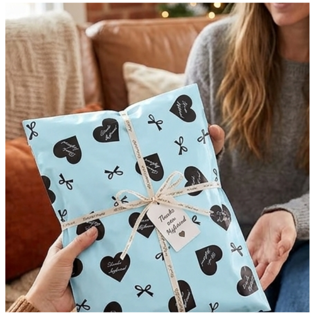 100 Polymailers Packaging 25x33cm Self-Adhesive Gift Bag Ribbons and Hearts