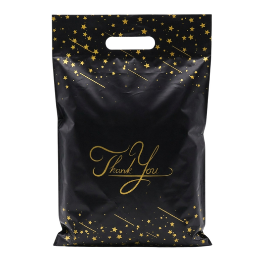 100 Polymailers Packaging 25x33cm Self-Adhesive Gift Bag Black & Gold Stars