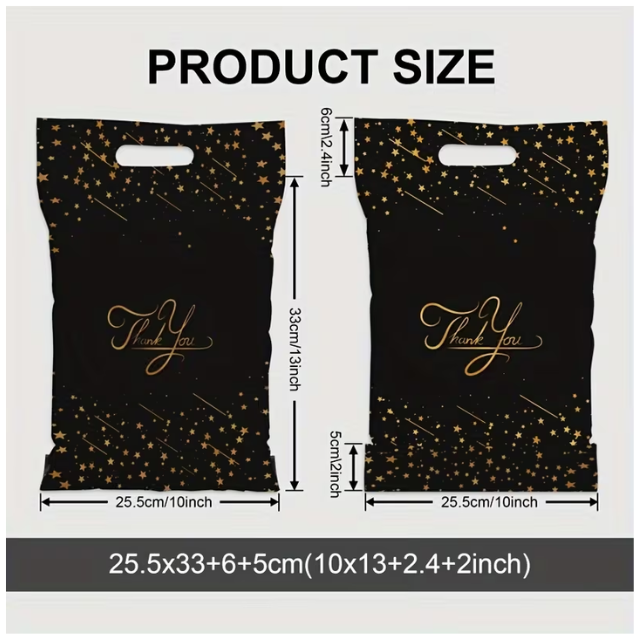 100 Polymailers Packaging 25x33cm Self-Adhesive Gift Bag Black & Gold Stars