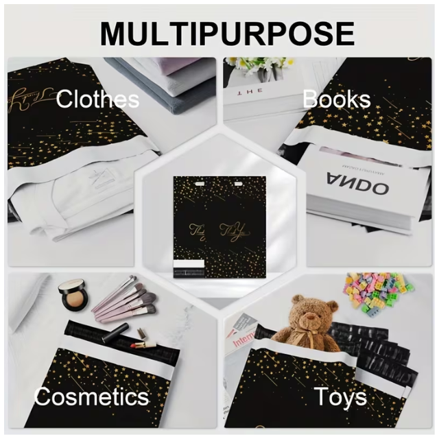 100 Polymailers Packaging 25x33cm Self-Adhesive Gift Bag Black & Gold Stars