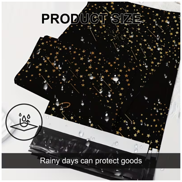 100 Polymailers Packaging 25x33cm Self-Adhesive Gift Bag Black & Gold Stars