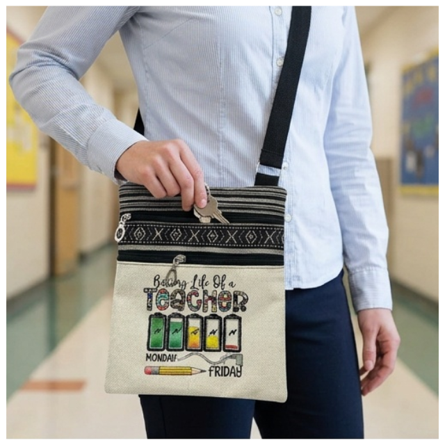Teacher Appreciation Bohemian Linen Sling Bag 19x23.5cm - Battery Life