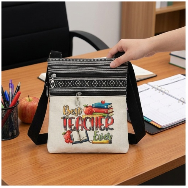 Teacher Appreciation Bohemian Linen Sling Bag 19X23.5cm -Best Teacher Apple