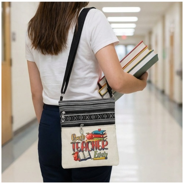 Teacher Appreciation Bohemian Linen Sling Bag 19X23.5cm -Best Teacher Apple