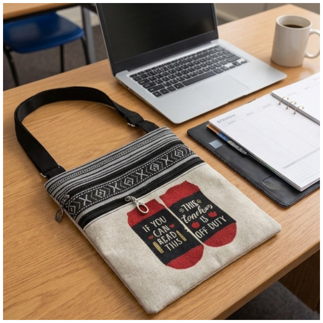 Teacher Appreciation Bohemian Linen Sling Bag 19x23cm-This Teacher Off Duty