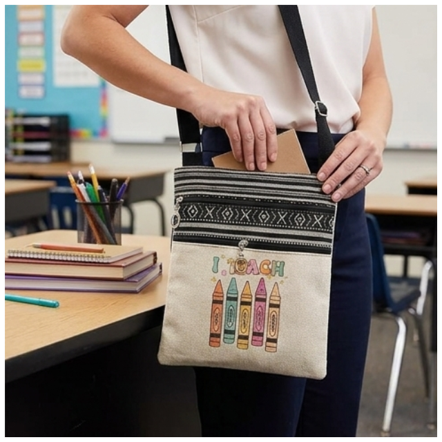Teacher Appreciation Bohemian Linen Sling Bag 19x23.5cm - I Teach Love