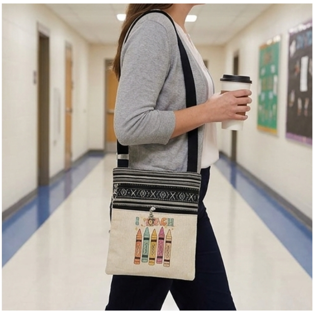 Teacher Appreciation Bohemian Linen Sling Bag 19x23.5cm - I Teach Love