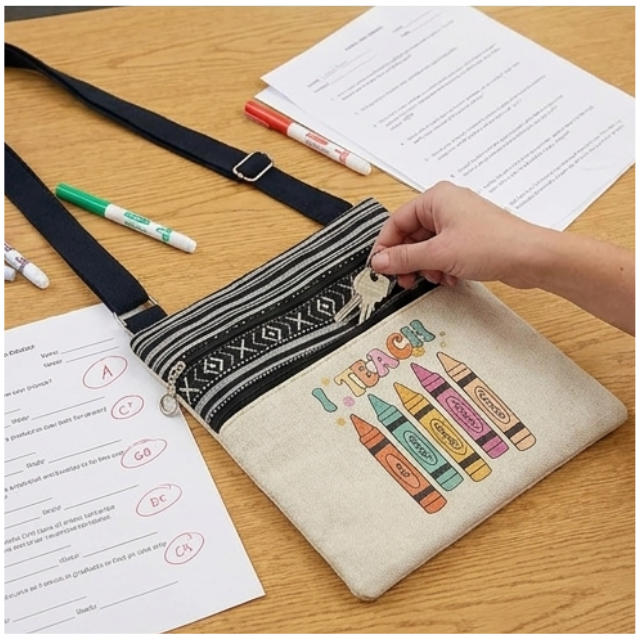 Teacher Appreciation Bohemian Linen Sling Bag 19x23.5cm - I Teach Love