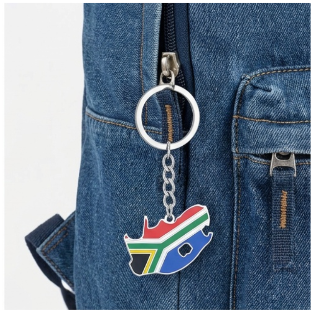 2PK Combo South African Flag Map Keychain Souvenir Keyring - Silver & Gold