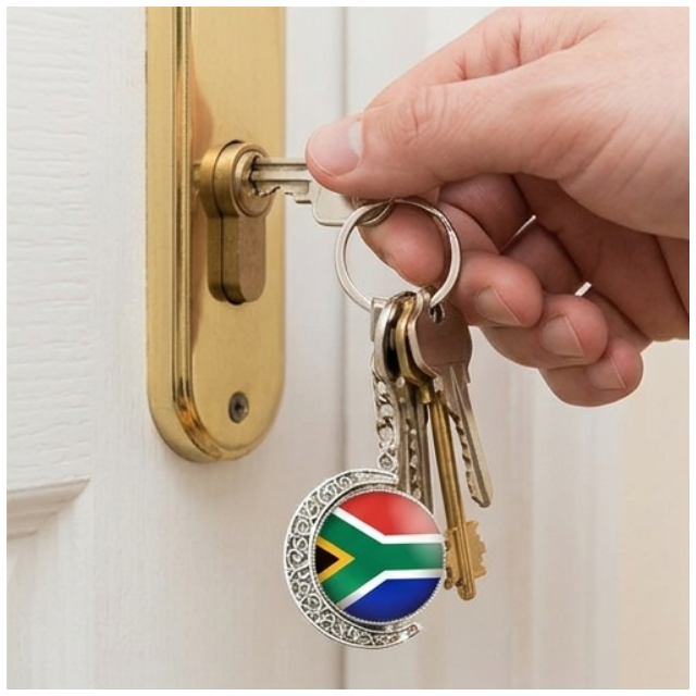South African Flag 360-Degree Rotating Metal Keyring - Silver Souvenir